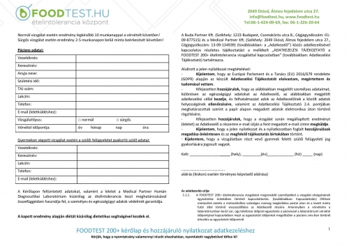 FOODTEST 200+ labor vérvétel tájékoztató és kérőlap pdf.